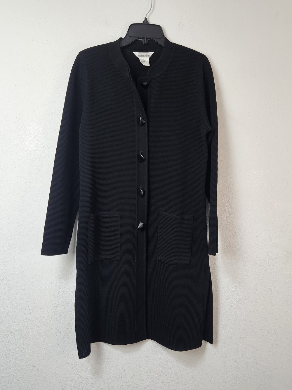 Exclusively Misook Black Long Knit Button Cardigan Duster Size XS Minimalist